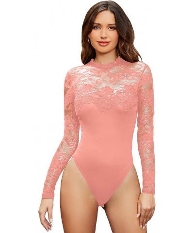 Women's Floral Lace Mock Neck Long Sleeve Mesh Sheer Skinny Bodysuit Pink $12.80 Lingerie