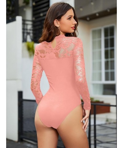 Women's Floral Lace Mock Neck Long Sleeve Mesh Sheer Skinny Bodysuit Pink $12.80 Lingerie