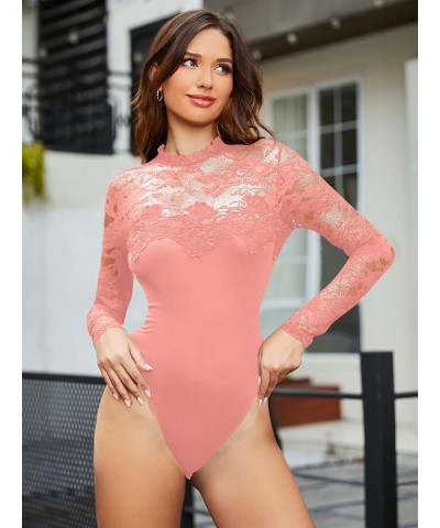 Women's Floral Lace Mock Neck Long Sleeve Mesh Sheer Skinny Bodysuit Pink $12.80 Lingerie