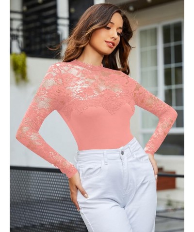 Women's Floral Lace Mock Neck Long Sleeve Mesh Sheer Skinny Bodysuit Pink $12.80 Lingerie