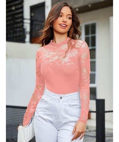 Women's Floral Lace Mock Neck Long Sleeve Mesh Sheer Skinny Bodysuit Pink $12.80 Lingerie