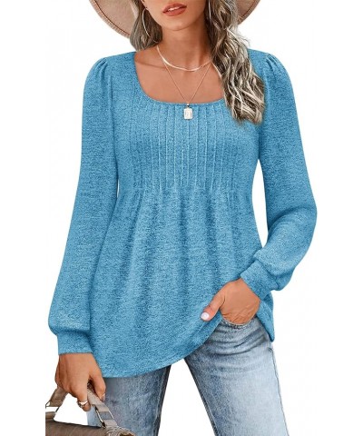 Women's Puff Long Sleeve Shirts 2023 Trendy Scoop Neck Loose Fit Blouses Pleated Flowy Tunic Tops S-2XL A Blue $14.40 Tops