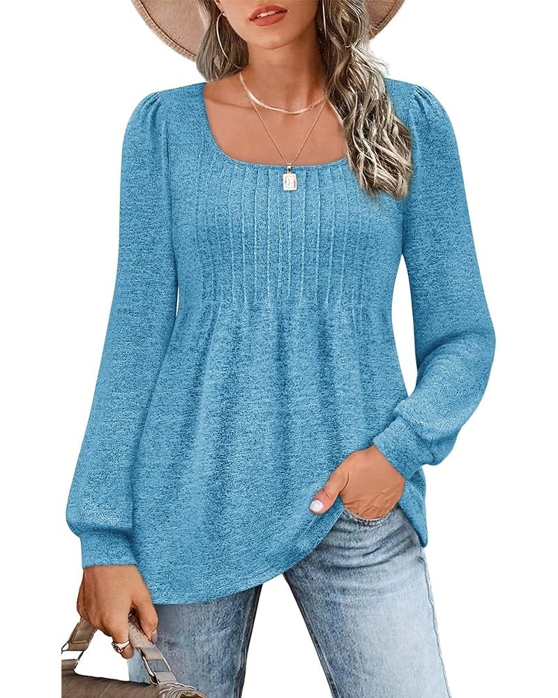 Women's Puff Long Sleeve Shirts 2023 Trendy Scoop Neck Loose Fit Blouses Pleated Flowy Tunic Tops S-2XL A Blue $14.40 Tops