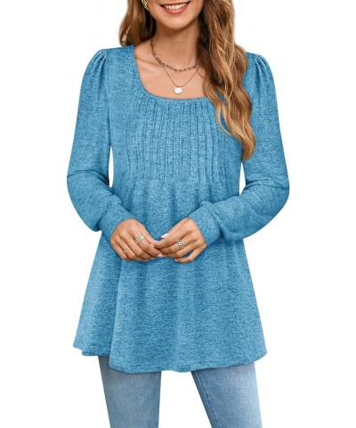 Women's Puff Long Sleeve Shirts 2023 Trendy Scoop Neck Loose Fit Blouses Pleated Flowy Tunic Tops S-2XL A Blue $14.40 Tops