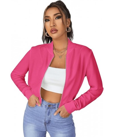 Women's Casual Long Sleeve Solid Zip Up Coat Crop Bomber Jacket Solid Hot Pink $12.69 Jackets