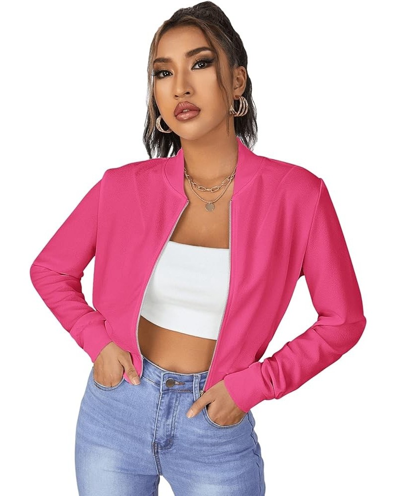 Women's Casual Long Sleeve Solid Zip Up Coat Crop Bomber Jacket Solid Hot Pink $12.69 Jackets