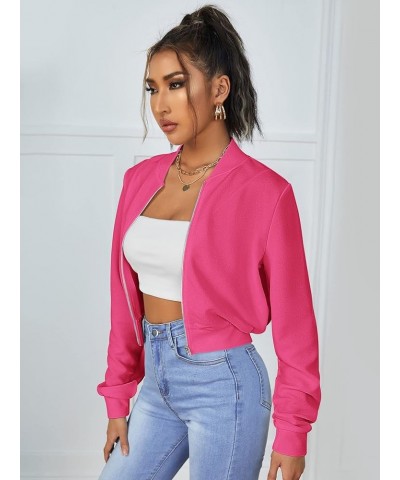 Women's Casual Long Sleeve Solid Zip Up Coat Crop Bomber Jacket Solid Hot Pink $12.69 Jackets