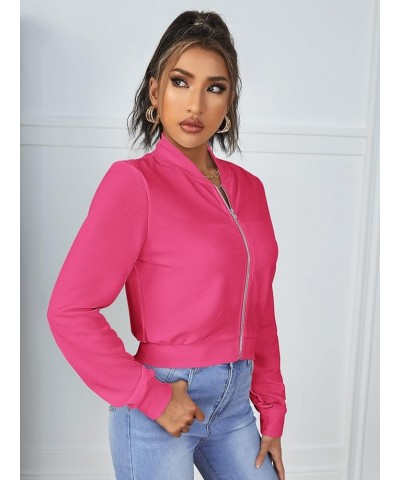 Women's Casual Long Sleeve Solid Zip Up Coat Crop Bomber Jacket Solid Hot Pink $12.69 Jackets