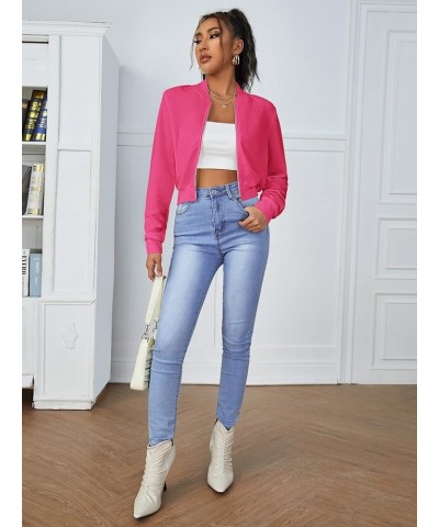 Women's Casual Long Sleeve Solid Zip Up Coat Crop Bomber Jacket Solid Hot Pink $12.69 Jackets