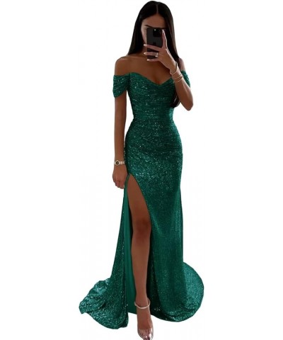 2024 Sparkly Sequin Prom Dresses Off Shoulder V-Neck Long Formal Evening Party Gowns with Slit Green $30.75 Dresses