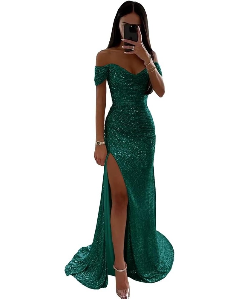 2024 Sparkly Sequin Prom Dresses Off Shoulder V-Neck Long Formal Evening Party Gowns with Slit Green $30.75 Dresses