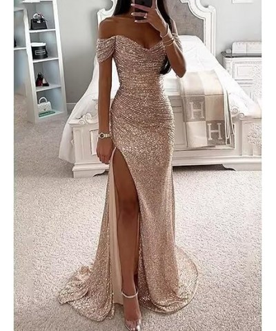 2024 Sparkly Sequin Prom Dresses Off Shoulder V-Neck Long Formal Evening Party Gowns with Slit Green $30.75 Dresses