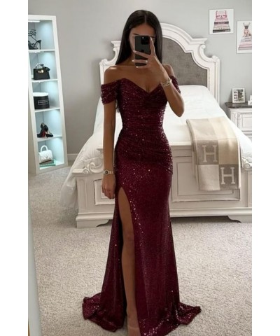 2024 Sparkly Sequin Prom Dresses Off Shoulder V-Neck Long Formal Evening Party Gowns with Slit Green $30.75 Dresses