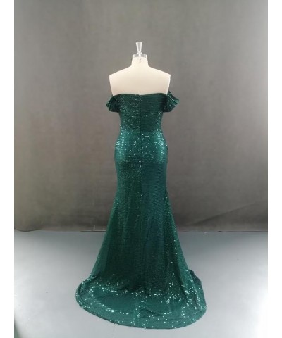 2024 Sparkly Sequin Prom Dresses Off Shoulder V-Neck Long Formal Evening Party Gowns with Slit Green $30.75 Dresses