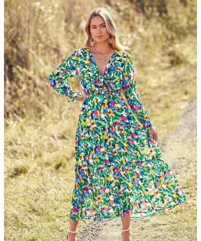 2023 Women's Boho Fall Dresses Floral V Neck Tie Front Cutout Casual Long Sleeve Cocktail Wedding Party Maxi Dress Print Gree...