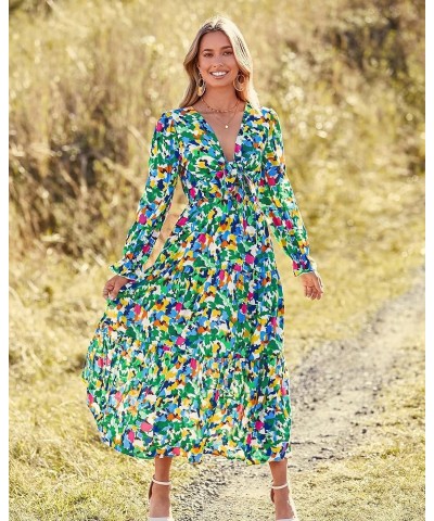 2023 Women's Boho Fall Dresses Floral V Neck Tie Front Cutout Casual Long Sleeve Cocktail Wedding Party Maxi Dress Print Gree...