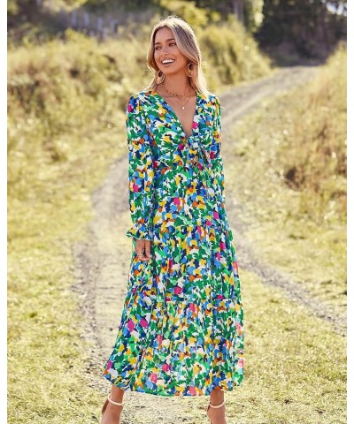 2023 Women's Boho Fall Dresses Floral V Neck Tie Front Cutout Casual Long Sleeve Cocktail Wedding Party Maxi Dress Print Gree...