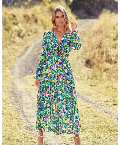 2023 Women's Boho Fall Dresses Floral V Neck Tie Front Cutout Casual Long Sleeve Cocktail Wedding Party Maxi Dress Print Gree...