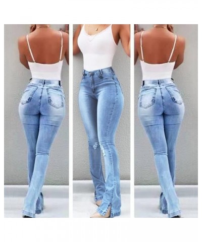 Ripped High Waisted Women's Jeans Boot Cut Relaxed Fit Denim Split Button Down Wide Leg Bell Bottom Solid Slimming Light Blue...