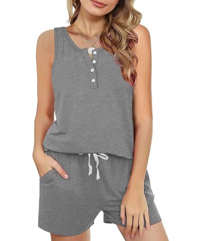 Two Piece Outfits for Women Button Henley Tank Short Set with Pockets 03-grey $10.50 Sleep & Lounge