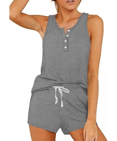 Two Piece Outfits for Women Button Henley Tank Short Set with Pockets 03-grey $10.50 Sleep & Lounge