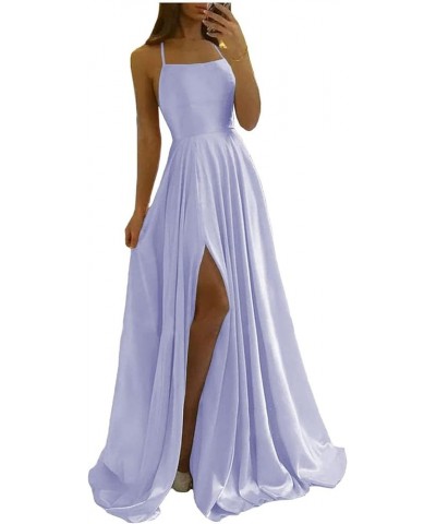 Women's Long Satin Bridesmaid Dresses with Slit Spaghetti Strap Prom Dress A Line Formal Ball Gowns with Pockets Lavender $25...