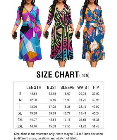 Women's Midi Dress,3/4 Sleeves V Neck Cocktail Party Dress Curvy Wrap Sexy Geometric Pattern Dresses with Belt A-rose Red Geo...