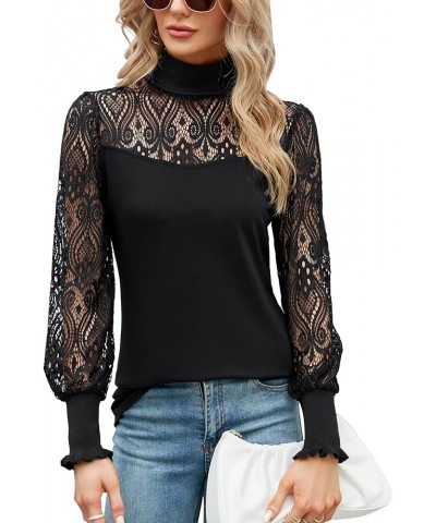 Women Casual Lace Top Long Sleeve Turtleneck Stretch Slim T Shirt Crochet Lace Blouse Tunic Tops Black $17.27 Tops