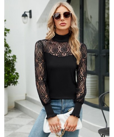 Women Casual Lace Top Long Sleeve Turtleneck Stretch Slim T Shirt Crochet Lace Blouse Tunic Tops Black $17.27 Tops