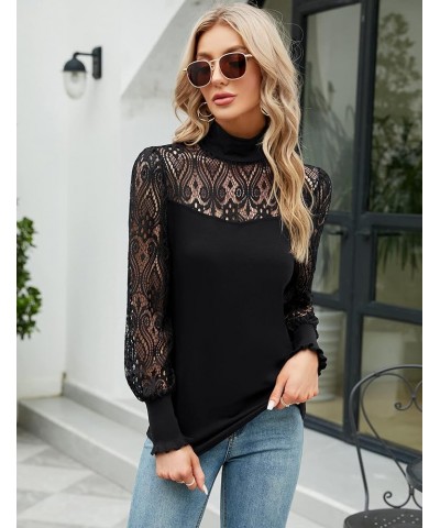 Women Casual Lace Top Long Sleeve Turtleneck Stretch Slim T Shirt Crochet Lace Blouse Tunic Tops Black $17.27 Tops