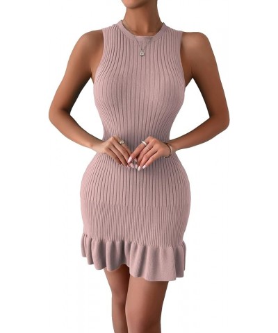 Women's Sexy Sleeveless Bodycon Dress Ruffle Hem Ribbed Knit Sweater Slim Fit Ruched Stretchy Tank Mini Dresses Plain Dusty P...