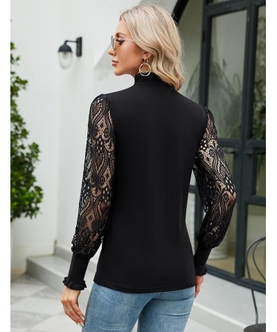 Women Casual Lace Top Long Sleeve Turtleneck Stretch Slim T Shirt Crochet Lace Blouse Tunic Tops Black $17.27 Tops