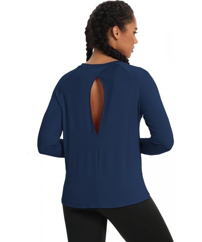 Long Sleeve Workout Tops Yoga Dance Shirts Athletic Top Open Back Workout Tops for Women Loose Fit Navy Blue $13.99 Activewear