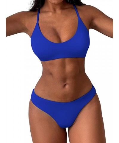 Women's Two-Piece Scoop Neck Bikini Crop Top Criss Cross Push Up Bikini Set Tanks Top Bathing Suit Ab-royal Blue $18.89 Swims...