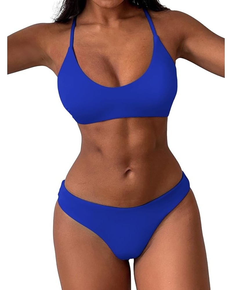 Women's Two-Piece Scoop Neck Bikini Crop Top Criss Cross Push Up Bikini Set Tanks Top Bathing Suit Ab-royal Blue $18.89 Swims...