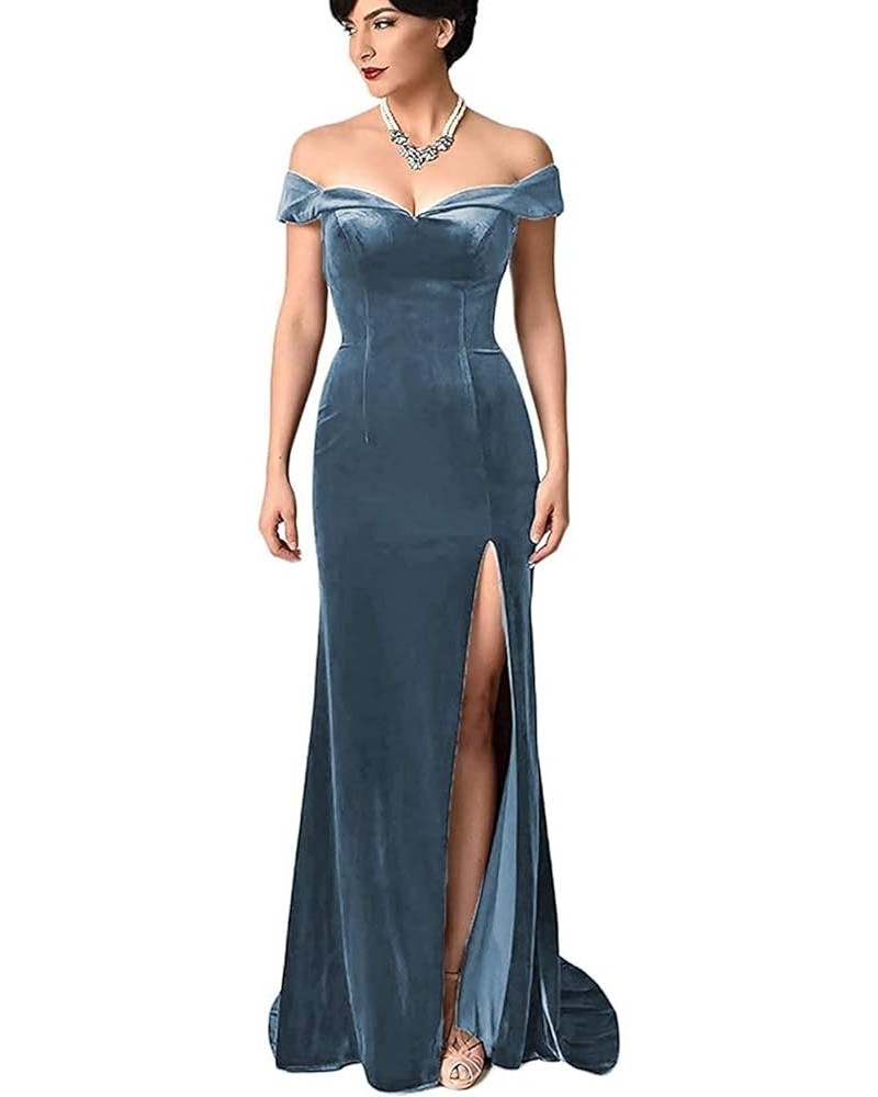 Women's Mermaid Velvet Prom Dresses Off Shoulder Evening Gown with Slit Cocktail Party Dress RPM111 Blue $32.66 Dresses