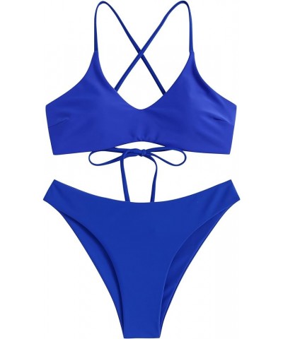 Women's Two-Piece Scoop Neck Bikini Crop Top Criss Cross Push Up Bikini Set Tanks Top Bathing Suit Ab-royal Blue $18.89 Swims...