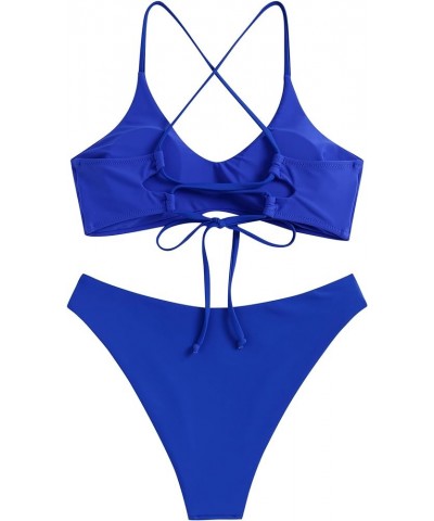 Women's Two-Piece Scoop Neck Bikini Crop Top Criss Cross Push Up Bikini Set Tanks Top Bathing Suit Ab-royal Blue $18.89 Swims...