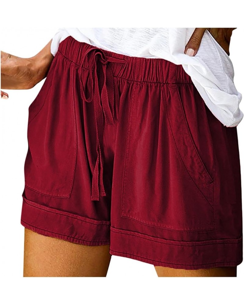 Women's Plus Size Shorts Summer Casual Elastic Waist Drawstring Shorts Comfy Shorts Wide Leg Shorts with Pockets A08-wine $6....