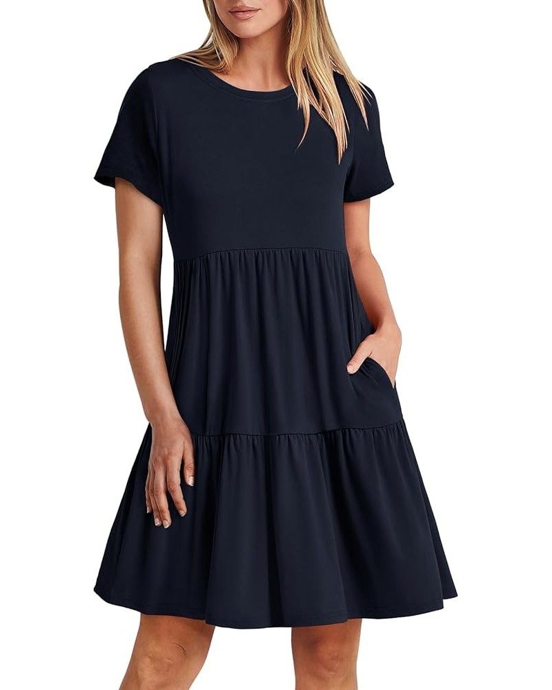 Women's Summer Casual Short Sleeve T Shirt Dress Tiered Swing Mini Dresses with Pockets Navy Blue $13.53 Dresses