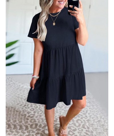 Women's Summer Casual Short Sleeve T Shirt Dress Tiered Swing Mini Dresses with Pockets Navy Blue $13.53 Dresses