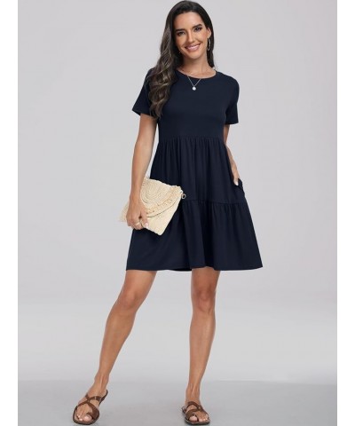 Women's Summer Casual Short Sleeve T Shirt Dress Tiered Swing Mini Dresses with Pockets Navy Blue $13.53 Dresses