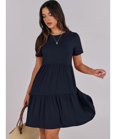 Women's Summer Casual Short Sleeve T Shirt Dress Tiered Swing Mini Dresses with Pockets Navy Blue $13.53 Dresses