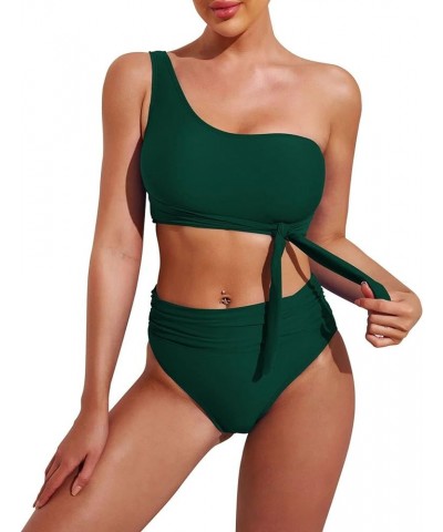 Women's One Shoulder High Waisted Bikini Set Two Piece Tie Ruched Swimsuit Dark Green $18.50 Swimsuits