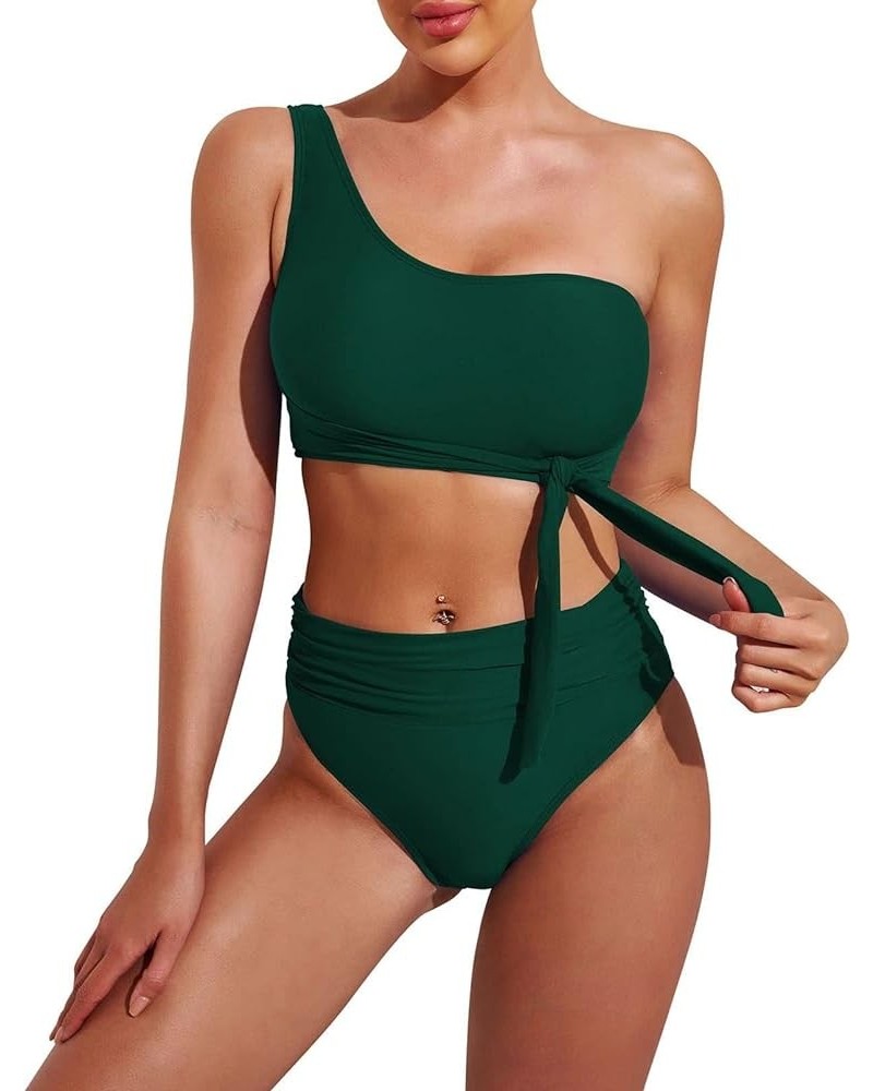 Women's One Shoulder High Waisted Bikini Set Two Piece Tie Ruched Swimsuit Dark Green $18.50 Swimsuits