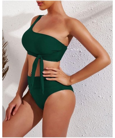 Women's One Shoulder High Waisted Bikini Set Two Piece Tie Ruched Swimsuit Dark Green $18.50 Swimsuits