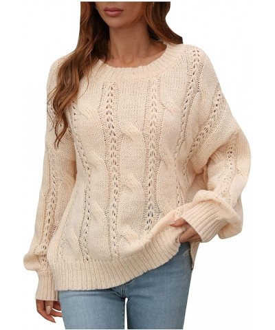 Women's Fall Sweaters Autumn and Winter Solid Round Neck Long Sleeve Knit Sweater Pullover Beige $9.46 Sweaters