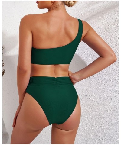 Women's One Shoulder High Waisted Bikini Set Two Piece Tie Ruched Swimsuit Dark Green $18.50 Swimsuits