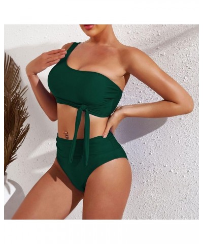 Women's One Shoulder High Waisted Bikini Set Two Piece Tie Ruched Swimsuit Dark Green $18.50 Swimsuits