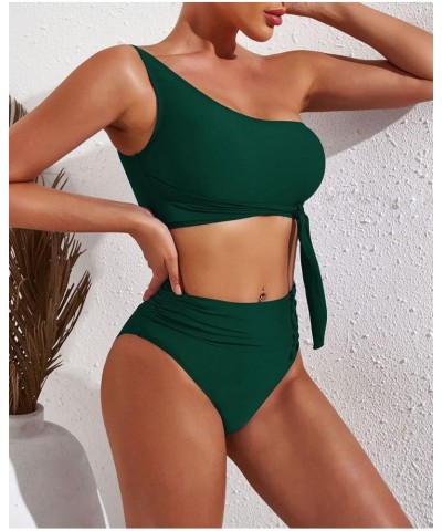 Women's One Shoulder High Waisted Bikini Set Two Piece Tie Ruched Swimsuit Dark Green $18.50 Swimsuits